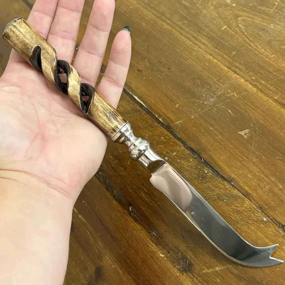 Natural Horn Handle Cheese Charcuterie Knife Stainless Steel Carved Spiral 9.5